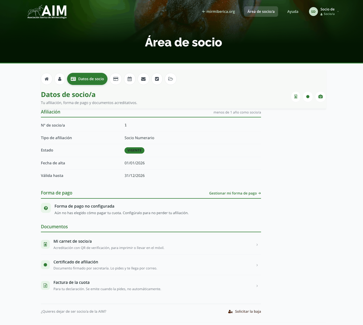 Pantalla de Tu afiliación
