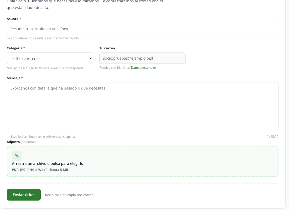 Formulario para abrir un ticket