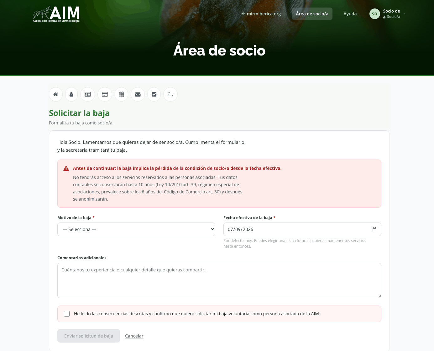 Pantalla de Solicitar la baja